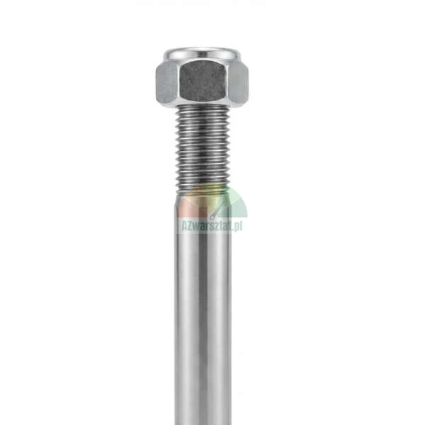 Silver metal pin with threaded end and a hex lock nut on a white background.