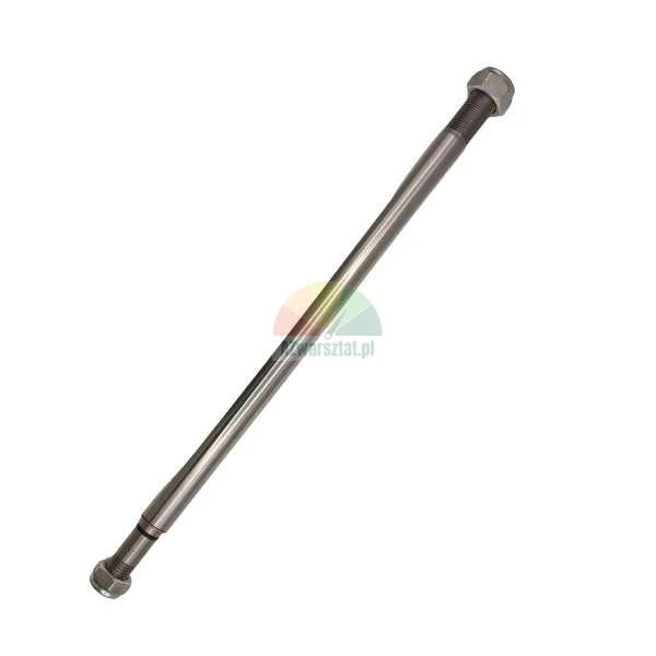 Long metal axle bolt with threads and nuts on both ends, isolated on a white background.