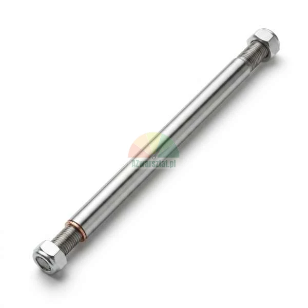 Long metal bolt axle with threads and hex nuts on both ends isolated on a white background