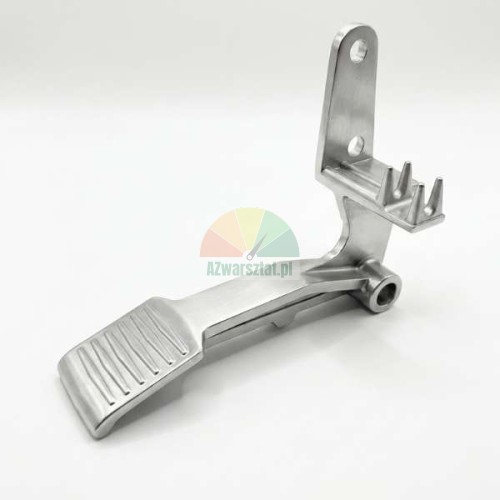Type B aluminum foot pedal for tire changer, metallic silver control lever on a white background