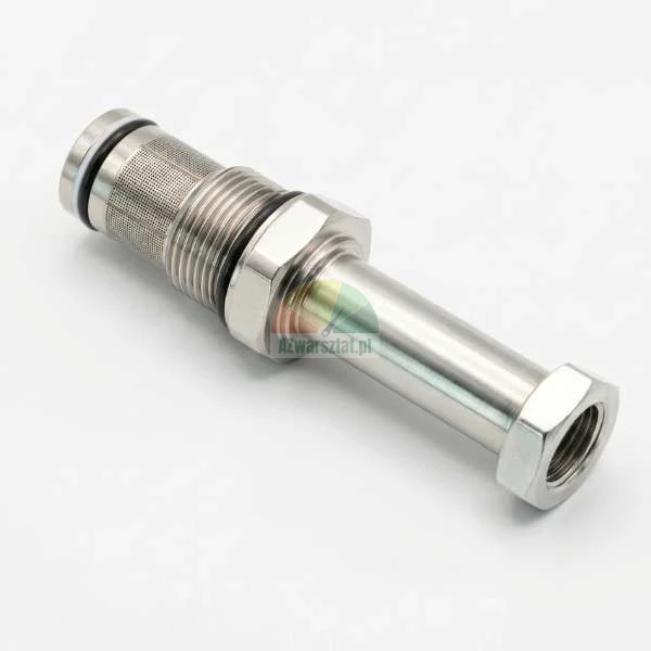 Metal mesh filter cartridge, stainless steel hydraulic screen filter with threads and o-rings on a light background.
