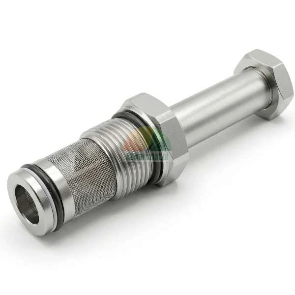 Metal bolt with built-in mesh strainer and rubber O-ring seals on a white background.