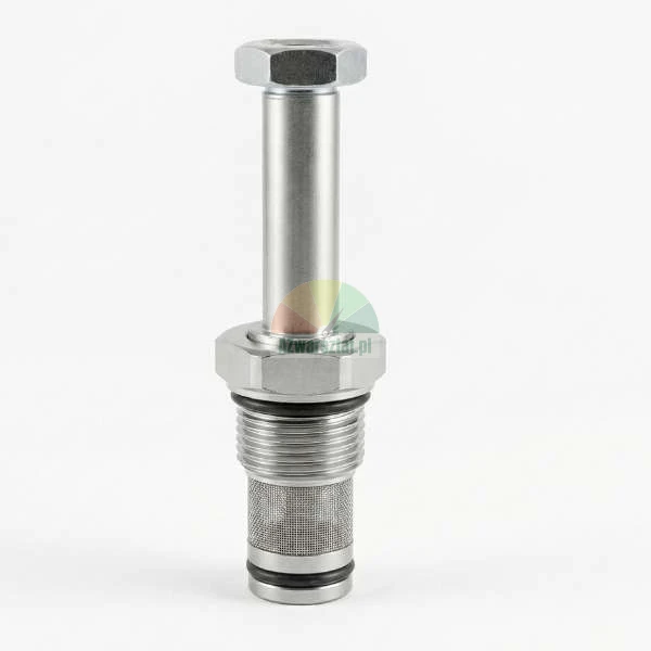 Metal banjo bolt with integrated mesh filter and o-ring seals on a white background.