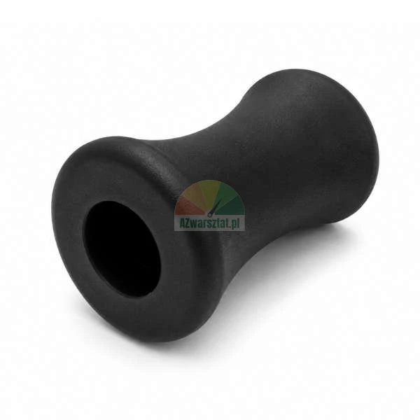 Black rubber hourglass-shaped roller with a central hole, isolated on a white background