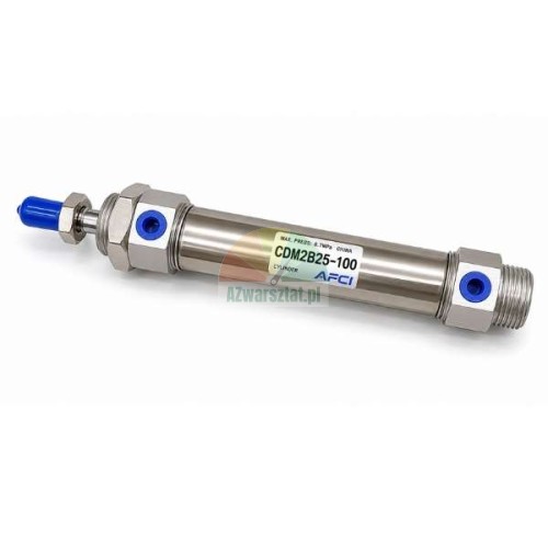 Round pneumatic cylinder AFCI CDM2B25-100 on a white background with visible label and blue protective caps