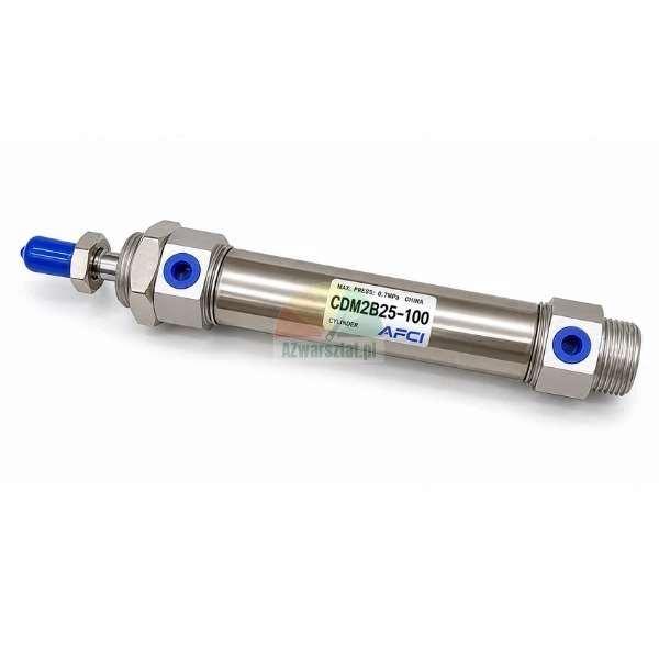 Round pneumatic cylinder AFCI CDM2B25-100 on a white background with visible label and blue protective caps
