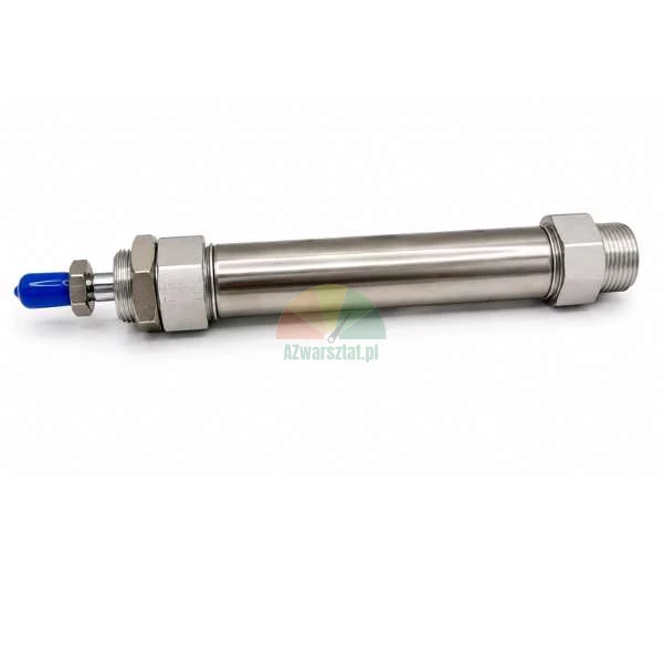 Stainless steel round pneumatic cylinder with a blue protective cap on the piston rod thread, isolated on a white background.