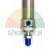 Close-up of the bottom part of a metal pneumatic cylinder with a blue air port and a blue protective cap on the piston rod.