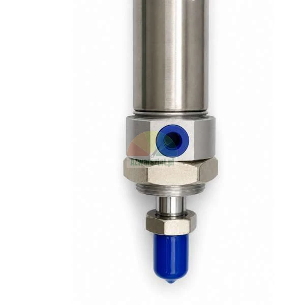 Close-up of the bottom part of a metal pneumatic cylinder with a blue air port and a blue protective cap on the piston rod.