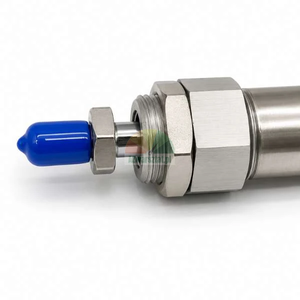 Metallic industrial sensor or actuator with a blue protective cap on the tip, against a white background.