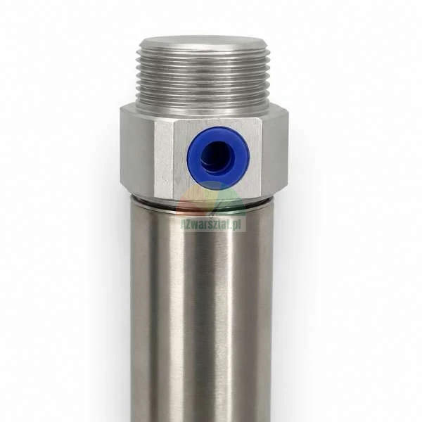 Close-up of a stainless steel hydraulic or pneumatic component with a thread and a blue ring on a white background.