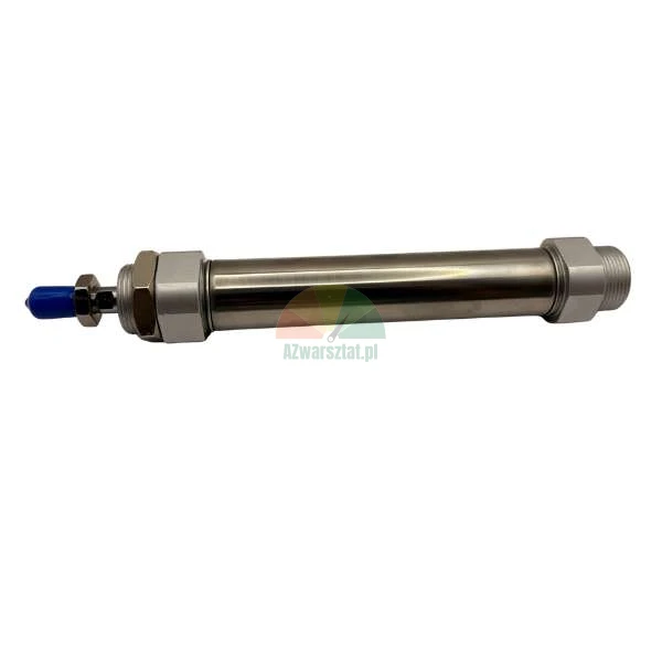 Stainless steel pneumatic round cylinder with a blue protective cap on the piston rod, isolated on a white background.