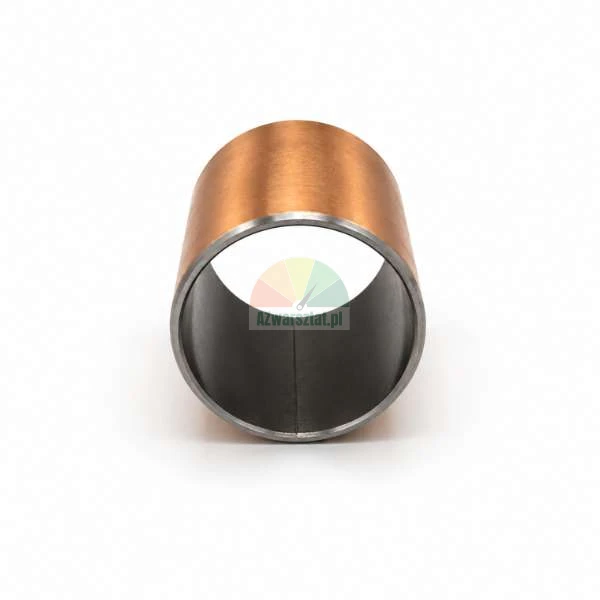 Cylindrical composite slide bearing sleeve with a copper-plated outer shell and a dark grey inner sliding surface, isolated on a white background.