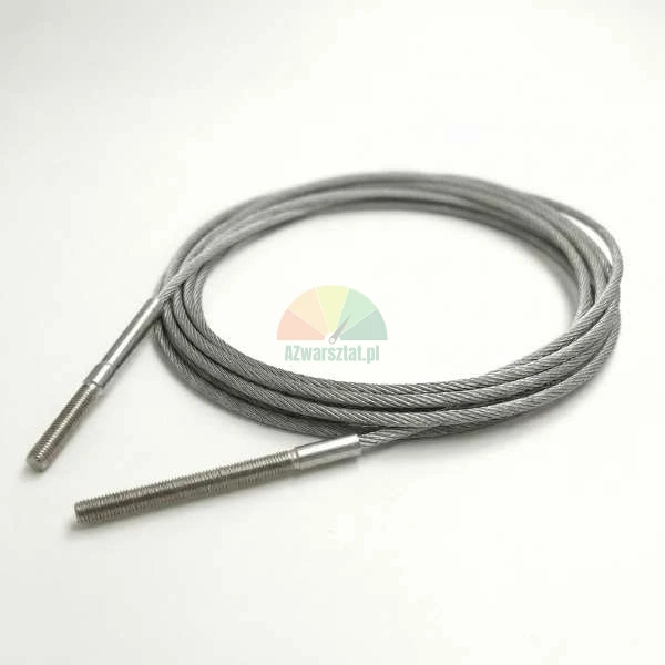 Coiled stainless steel wire rope cable with threaded terminal studs on both ends on a white background.