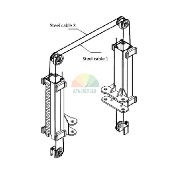 Schematic technical drawing of a lift mechanism with two columns, pulleys, and two steel cables labeled 'Steel cable 1' and 'Steel cable 2'.