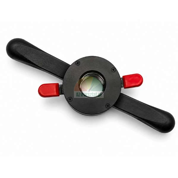 Black quick release nut 36mm x 3 Type B for wheel balancer with two handles and red buttons.