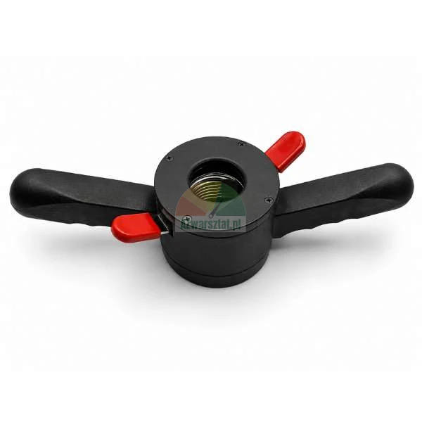 Quick-release wing nut for wheel balancer with black handles and red levers, isolated on a white background.