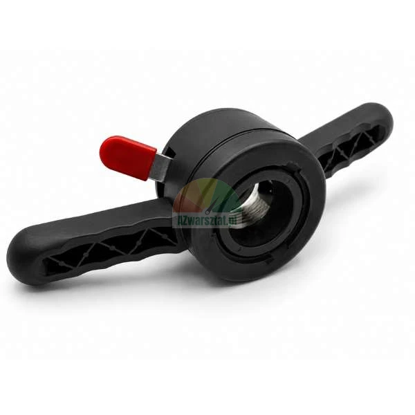 Black quick release wing nut for wheel balancer with a red lever, isolated on a white background