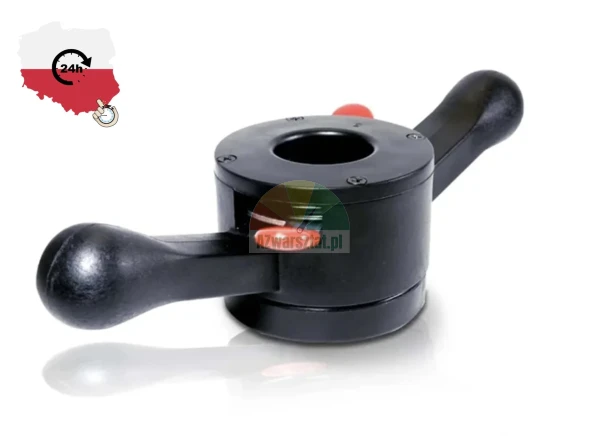 Black quick-release barbell collar with dual handles and red locking tabs.