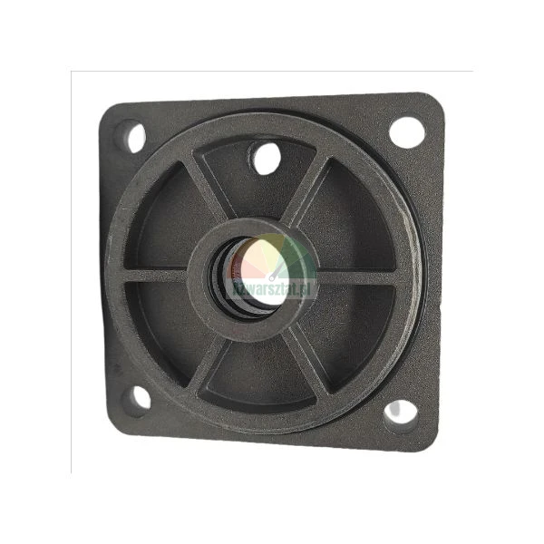 Black metal mounting flange with a square base, central bore, reinforcing ribs, and four corner mounting holes on a white background.