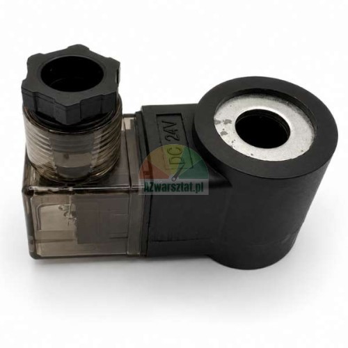 Solenoid coil for lowering valve 24V DC with connector plug on a white background