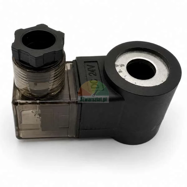 Solenoid coil for lowering valve 24V DC with connector plug on a white background