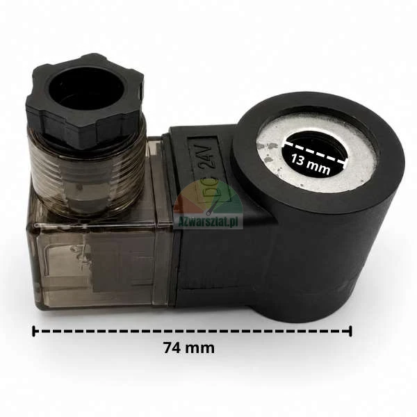 Black 24V DC lowering valve coil with a 13 mm inner diameter and 74 mm length.