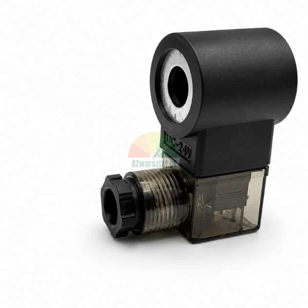 Black 24V DC solenoid valve coil with a transparent connector plug on a white background.