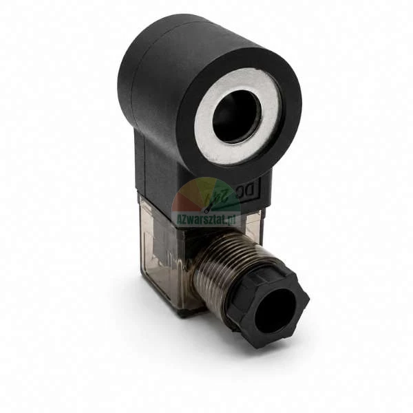 Black 24V DC solenoid valve coil with a transparent connector plug on a white background.