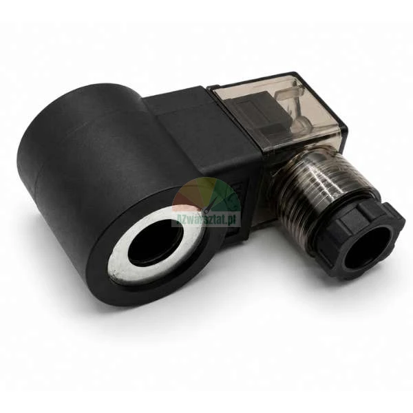 Solenoid valve coil DC 24V with DIN connector plug on a white background