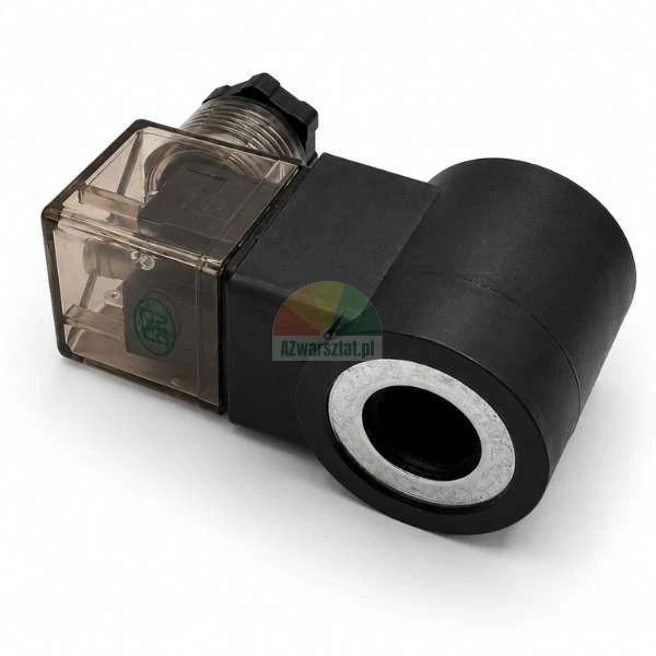 Black solenoid valve coil with a transparent DIN connector plug on a white background.