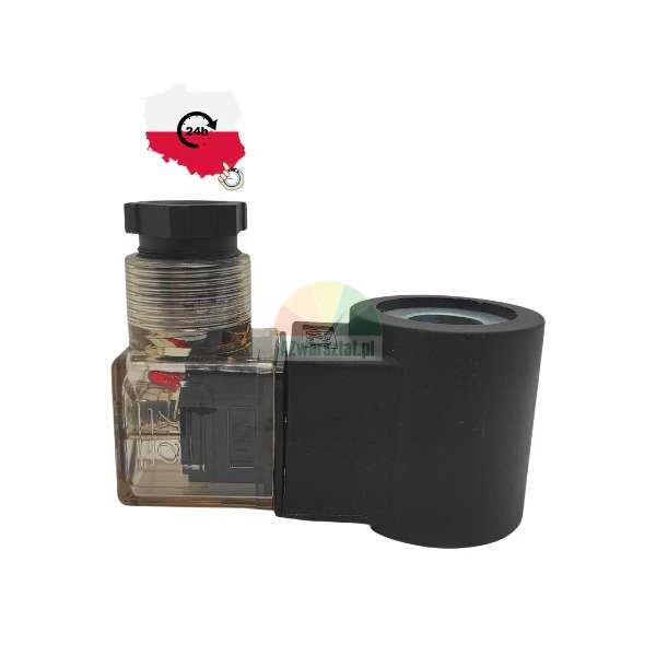 Solenoid valve coil with a transparent DIN connector and a 24h shipping from Poland icon.