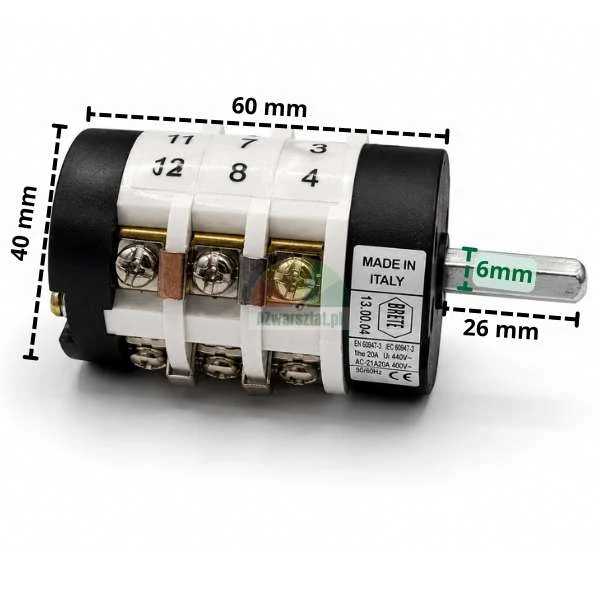Mini rotary switch EN60947-3 (20A) with dimension markings: body 60 mm by 40 mm, shaft 6 mm by 26 mm.