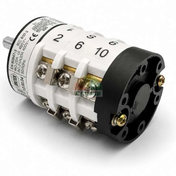 Breter industrial rotary cam switch with visible screw terminals and numerical markings on a white body with a black end cap.