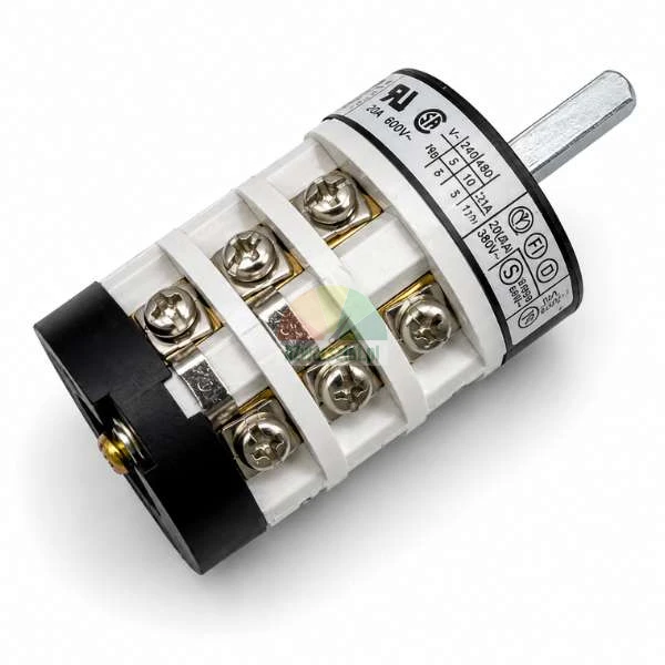 Multi-stage rotary cam switch with a metal shaft and screw terminals, showing a technical specification label on a white background.