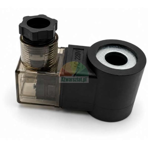 Black 13mm AC 220V lowering valve solenoid coil with a transparent connector plug on a white background.