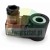 Black 13mm AC 220V lowering valve solenoid coil with a transparent connector plug on a white background.