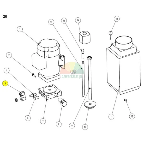 Technical exploded assembly diagram of a hydraulic power pack with numbered components, with part number 5 highlighted in a yellow circle.