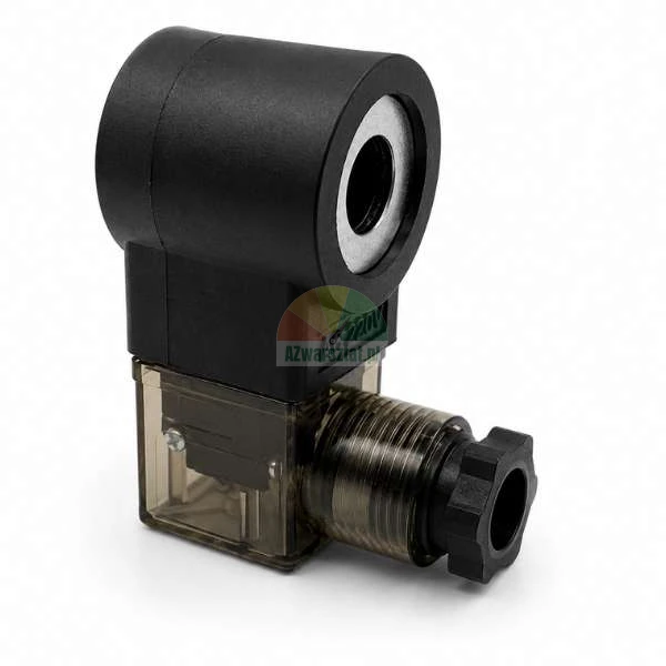 Black solenoid valve coil AC 220V with a semi-transparent DIN connector plug on a white background.