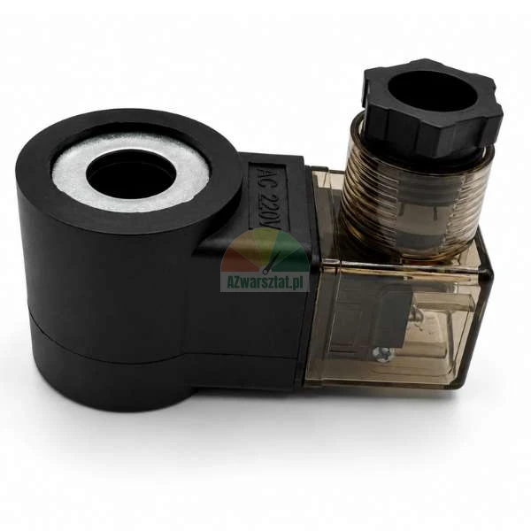 Solenoid valve coil AC 220V with transparent DIN connector plug on a white background