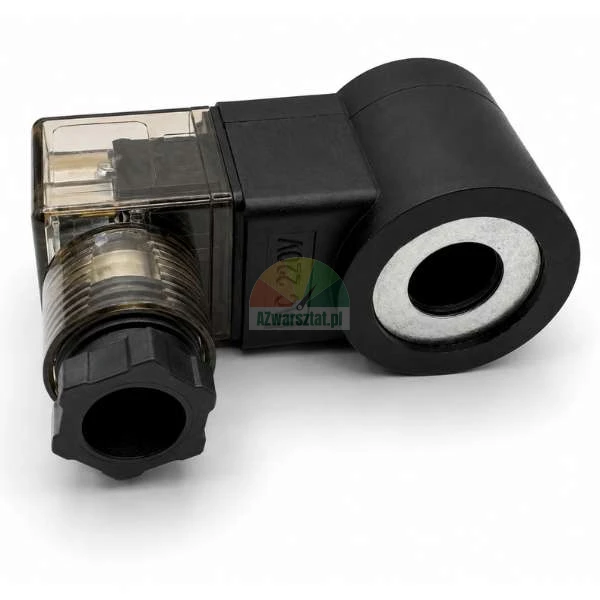 Black AC 220V solenoid valve coil with a transparent connector plug on a white background.