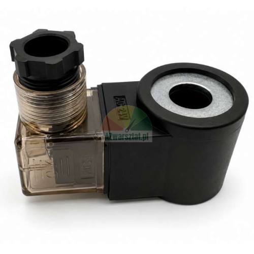 Black solenoid valve coil AC 24V with a 13mm inner diameter and a translucent connector plug.