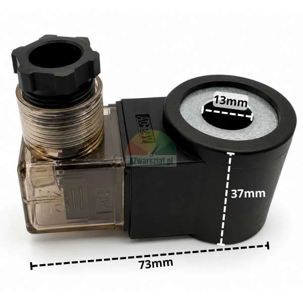 Solenoid coil AC 24V with 13mm inner diameter, 37mm height and 73mm length.
