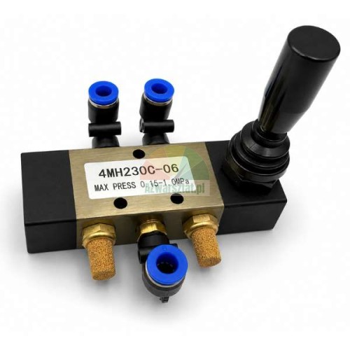 Pneumatic hand lever joystick control valve 4MH230C-06 for tyre changer arm with blue quick connectors and brass silencers.