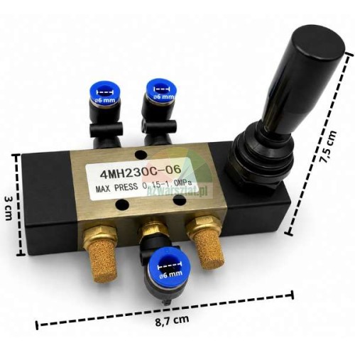 Pneumatic control valve with joystick and dimensions