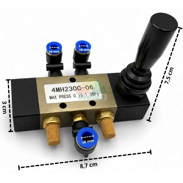 Pneumatic control valve with joystick and dimensions