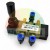 Pneumatic manual hand lever valve model 4MH230C-06 with blue quick-connect fittings and brass silencers on a white background.