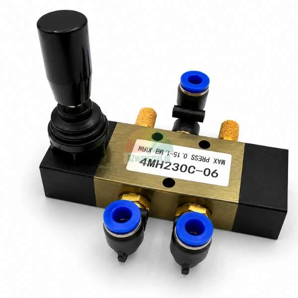 Pneumatic manual hand lever valve model 4MH230C-06 with blue quick-connect fittings and brass silencers on a white background.