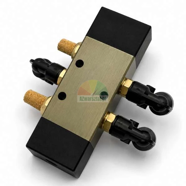 Pneumatic directional control valve with brass silencers and black push-in elbow fittings on a white background.