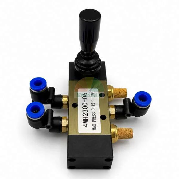 Pneumatic hand lever valve model 4MH230C-06 with blue push-to-connect fittings and brass silencers on a white background.